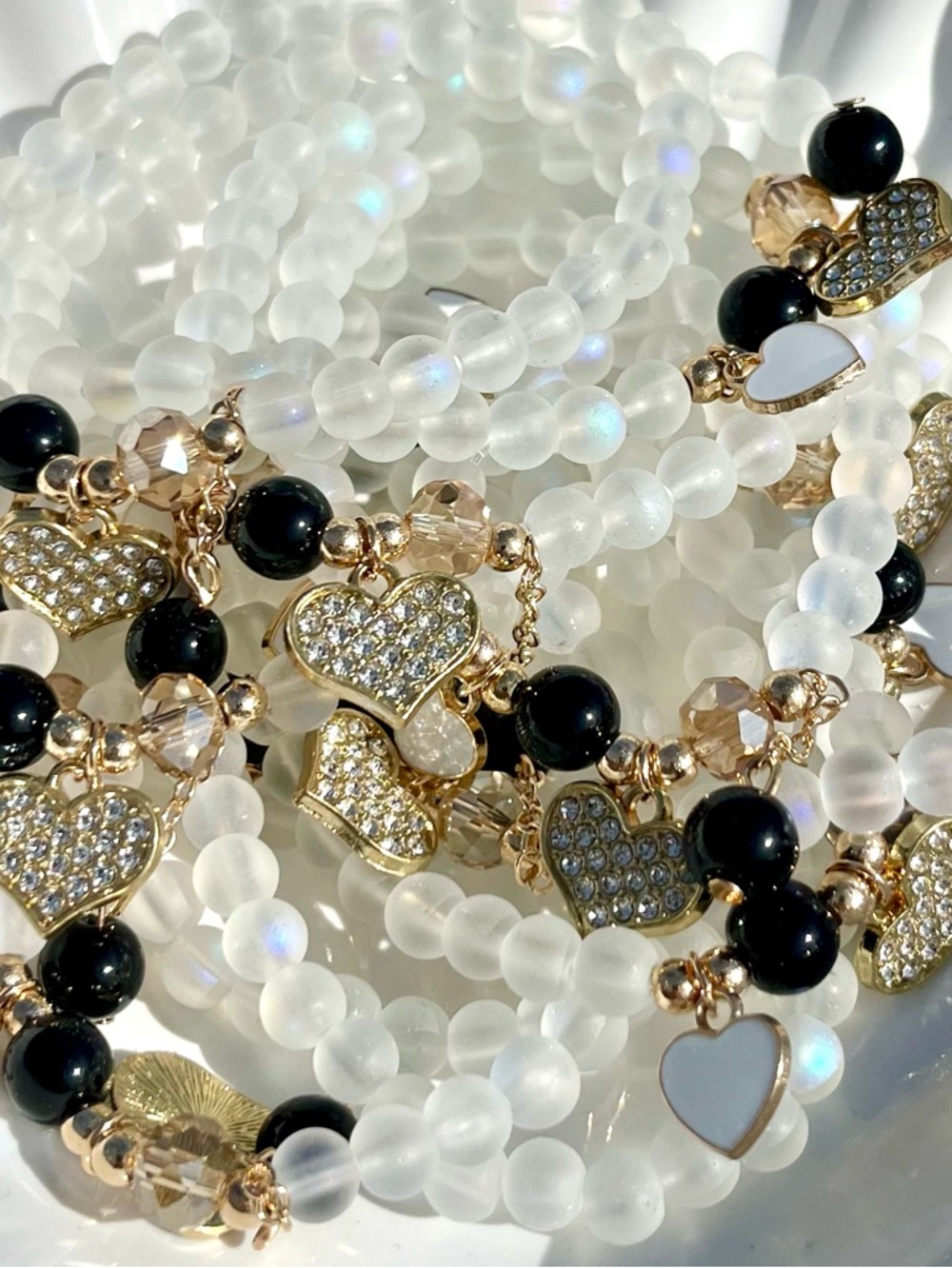 Frosted Iridescent Glass Beaded Bracelet With Heart Charms NWOT